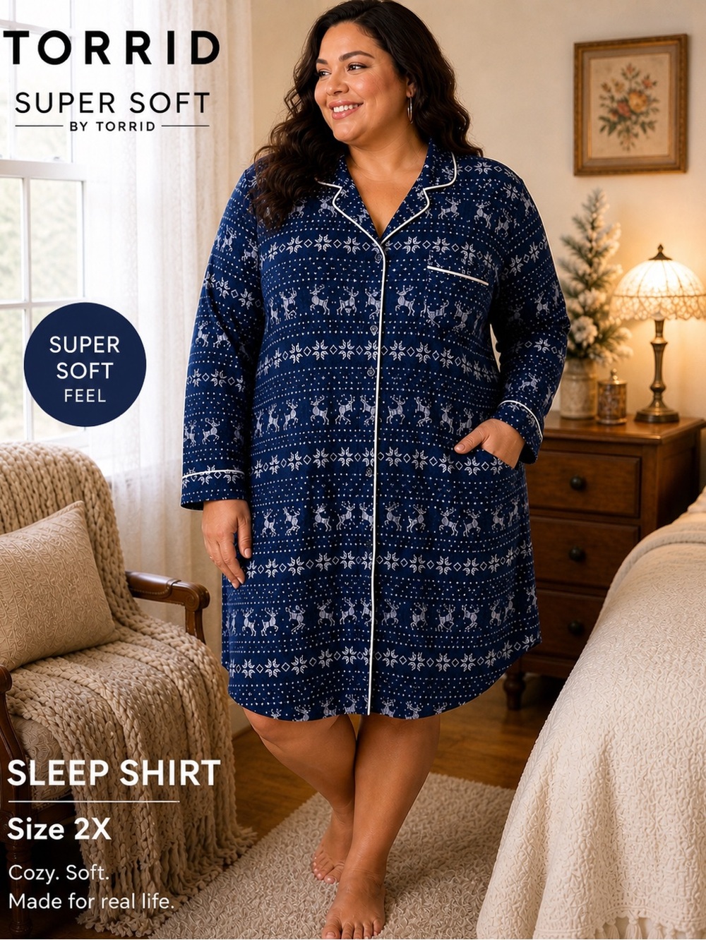 Torrid Super Soft 2X Blue Reindeer Sleep Shirt Cozy Winter Nightgown